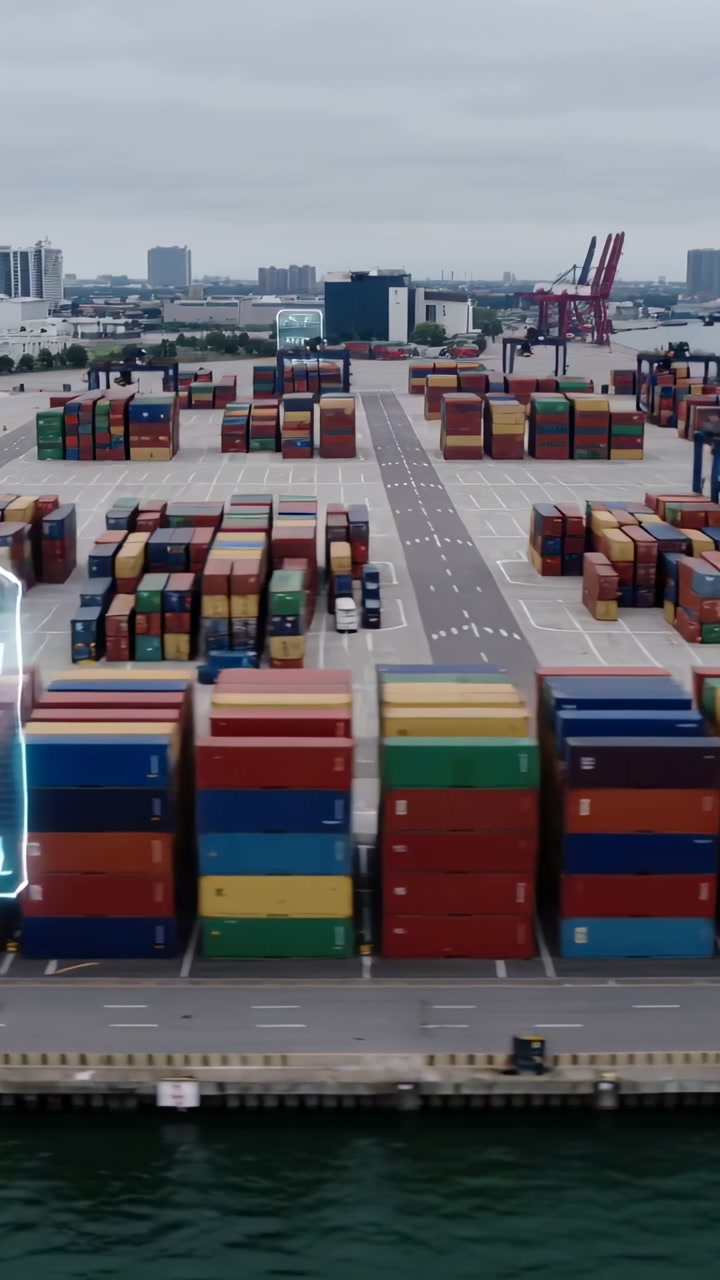 Vertical video: Approaching drone scanning quay at port, annotating stacked containers with AR data