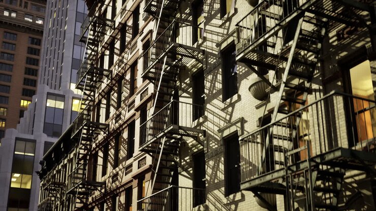 Urban architecture at night showcasing complex fire escapes in the city