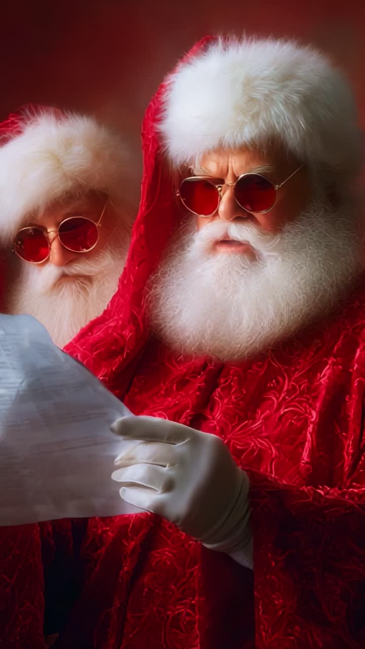 Two Distinct Santas in Festive Attire Checking Their Lists While Sporting Stylish Sunglasses, Capturing a Playful and Unique Holiday Spirit Through Their Expressions and Style