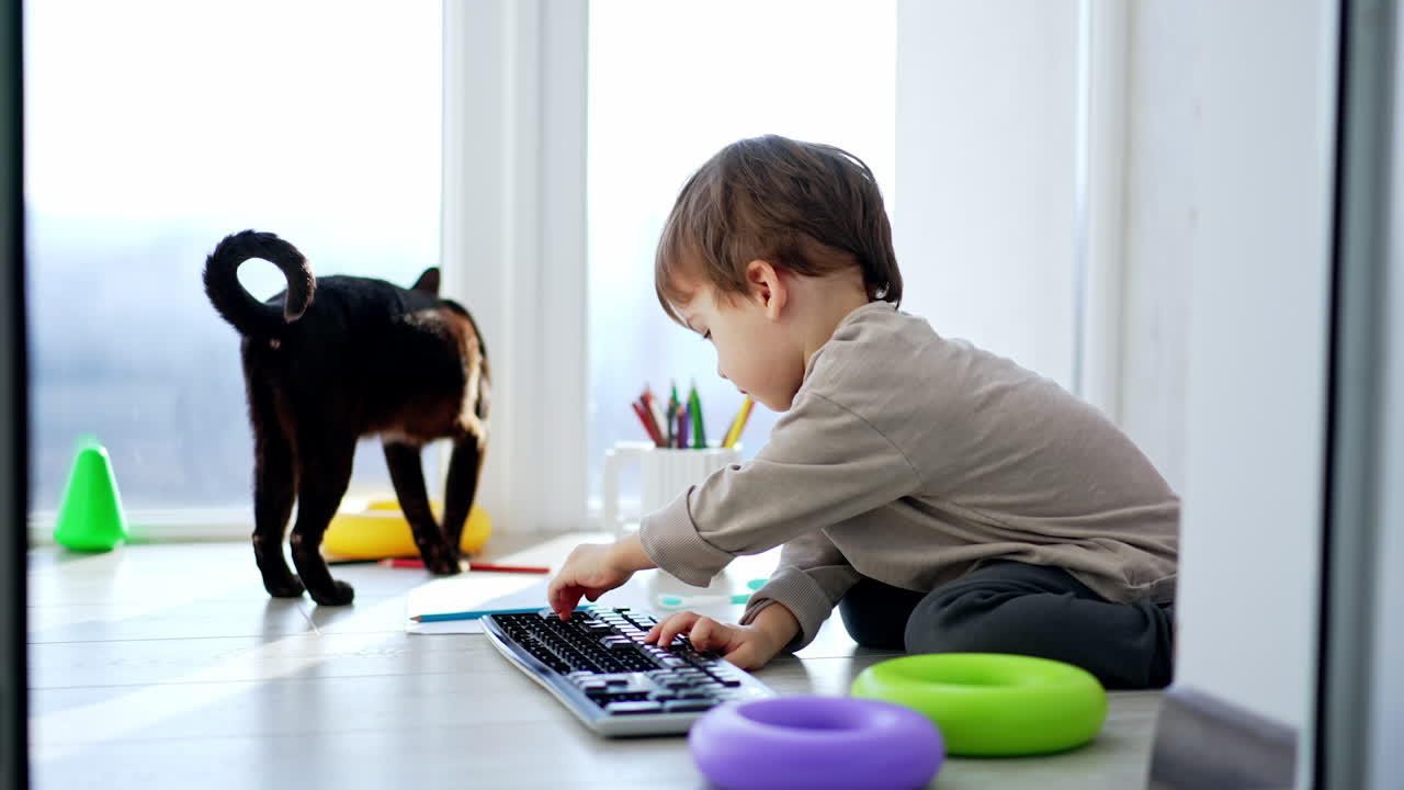 Caucasian toddler playing with computer keyboard. Black cat stands at backdrop waving its tail.