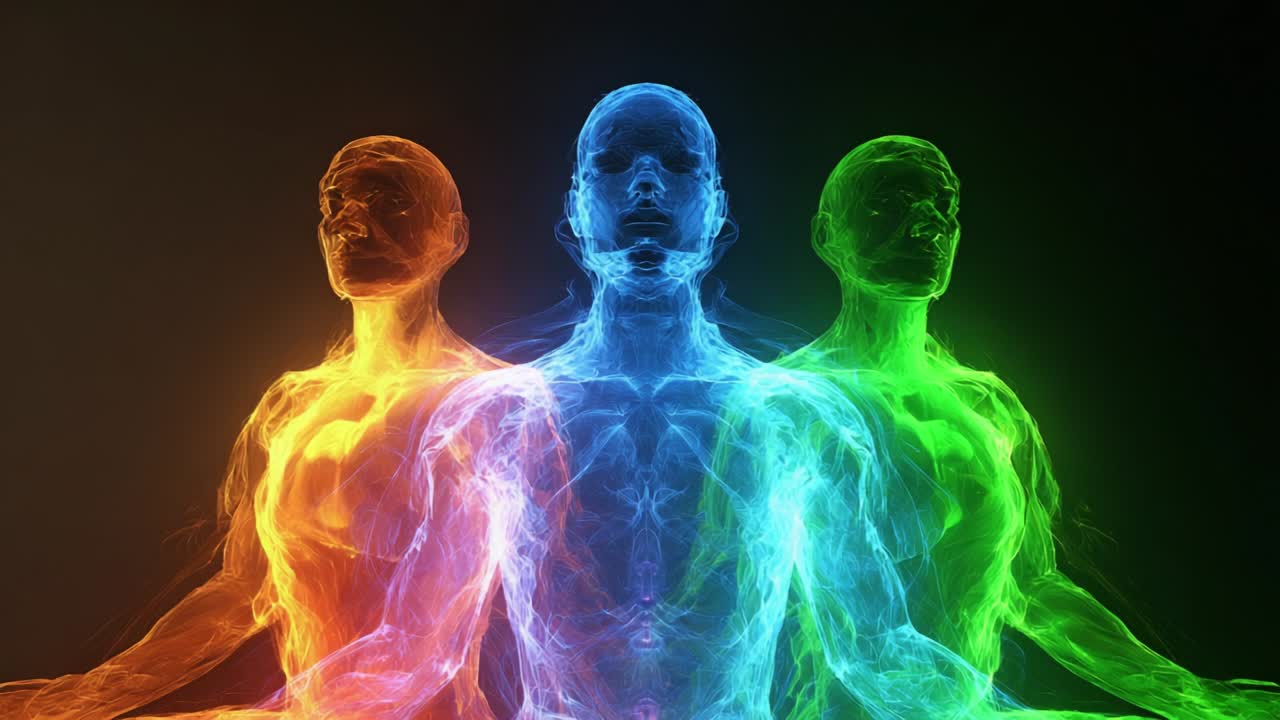 A Dynamic Representation of Human Form: An Artistic Visualization of Energy and Vitality in Three-Dimensional Figures Depicting Vivid Colors and Ethereal Patterns, Showcasing the Essence of Human Existence