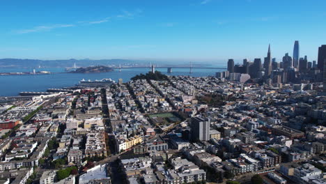 San-Francisco-USA,-Drone-Shot-of-Cityscape,-Colt-Tower,-Oakland-Bridge