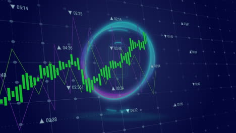 animación de múltiples gráficos, números cambiantes sobre el icono de la batería en círculo contra un fondo negro