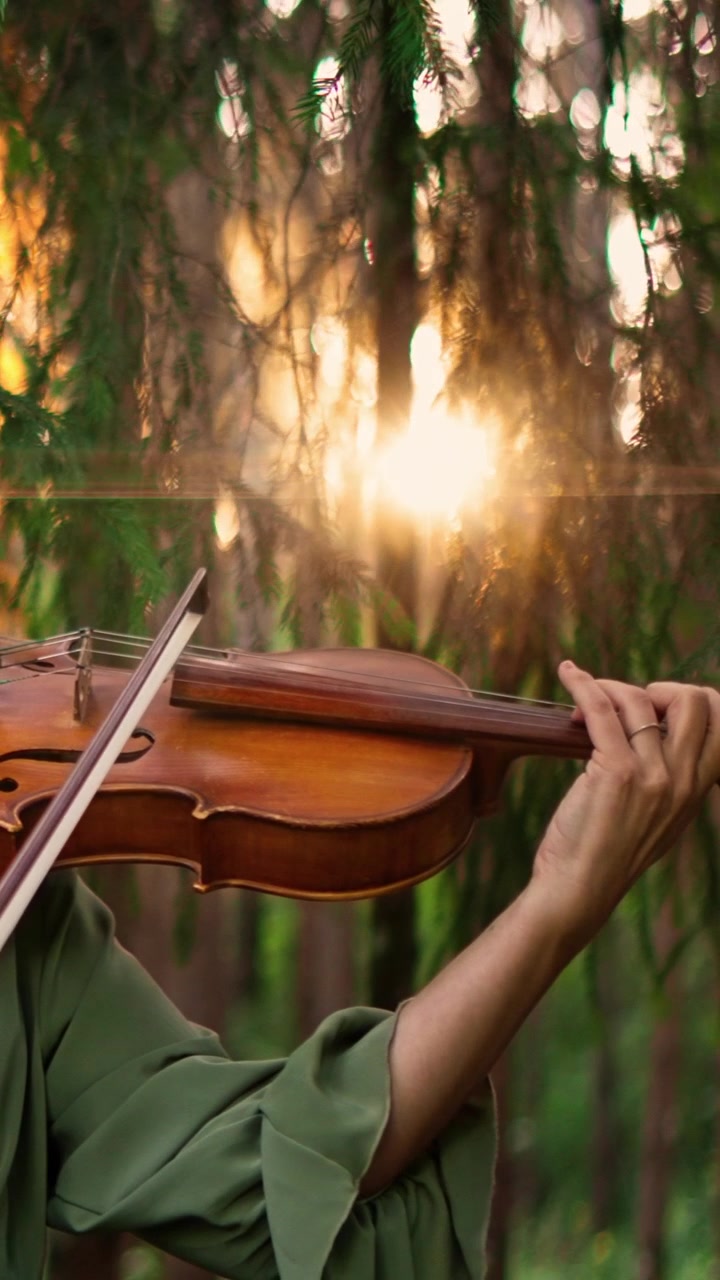 Woman Playing Violin in a Serene Forest at Sunset