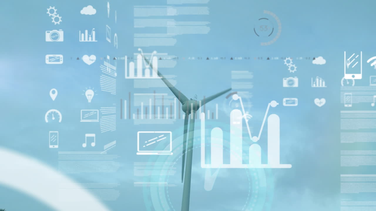 Animation of infographic interface with application icons over spinning windmill against clear sky