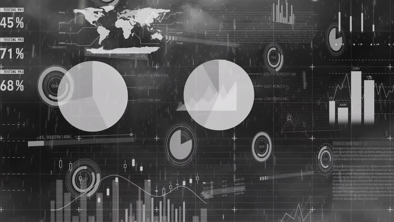 animación de la interfaz infográfica sobre los círculos de carga en la lluvia contra el cielo nublado