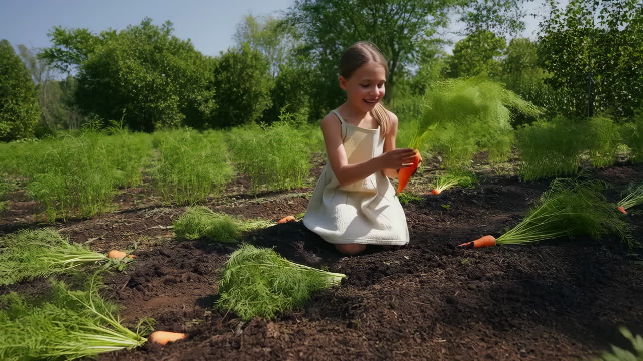 Young Girl Harvesting Carrots in a Garden