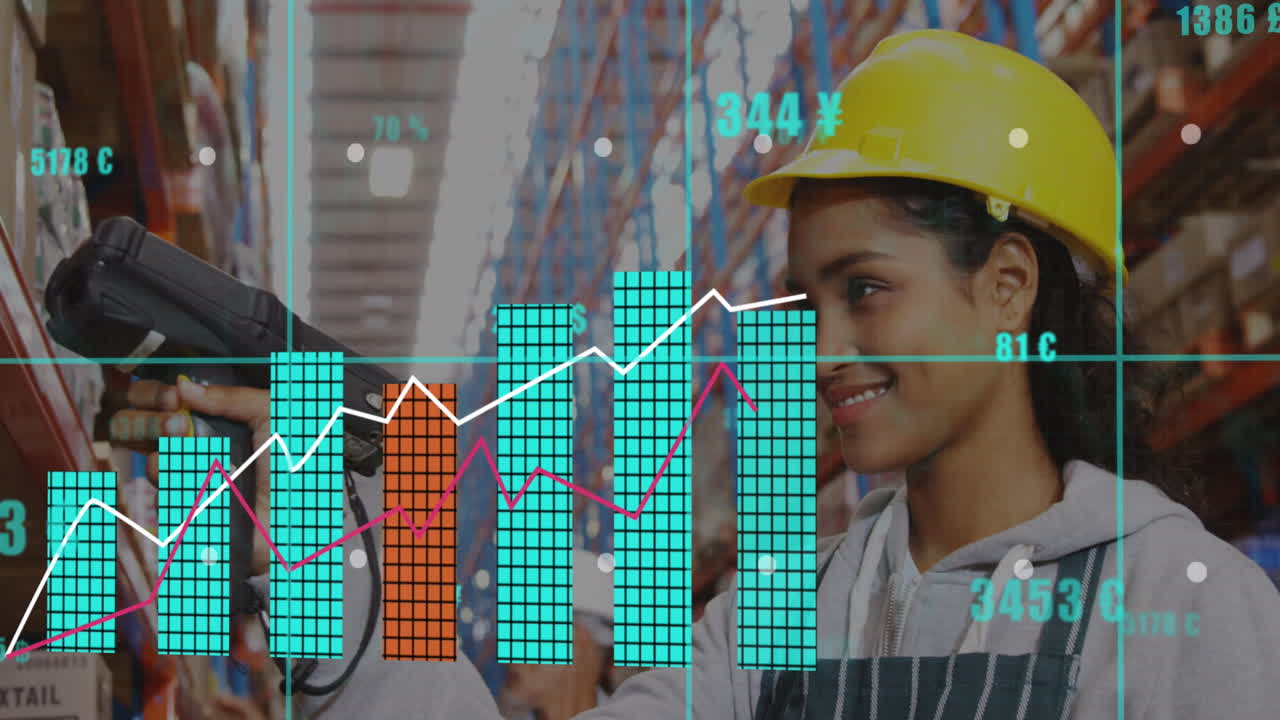 animación del procesamiento de datos financieros sobre una mujer biracial que trabaja en un almacén.