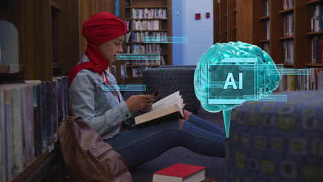 Animación-De-Texto,-Cerebro-Y-Datos-De-Inteligencia-Artificial-Sobre-Una-Estudiante-Birracial-En-Un-Libro-De-Lectura-Con-Hijab