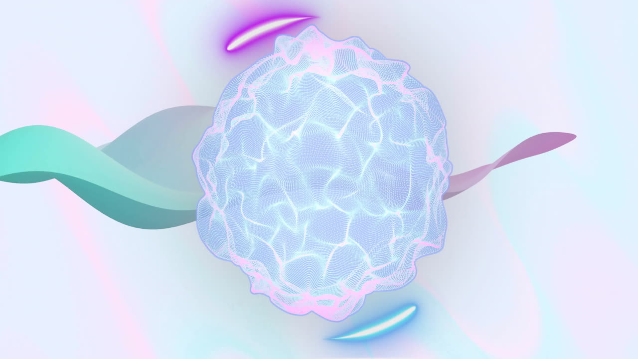 Abstract animation with glowing, wavy lines and colorful shapes on light background