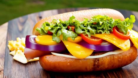 primer plano de un perrito caliente con queso, cebolla, tomate y lechuga
