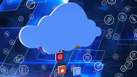 animación de una nube azul con iconos digitales sobre pantallas con fondo azul