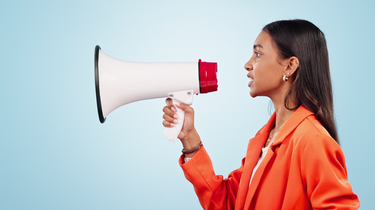 Business woman, megaphone and speaking