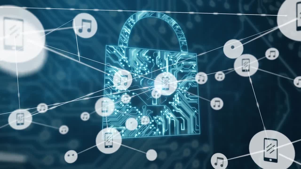 animación de la red de conexiones con iconos sobre el candado de seguridad en línea
