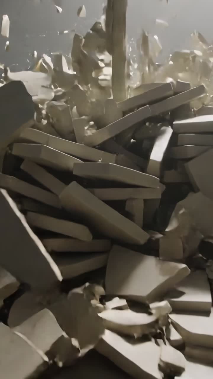 Vertikal video: Usynlig kilde frigiver blege plader, der splintrer på arbejdsbord og bygger en tæt bunke.