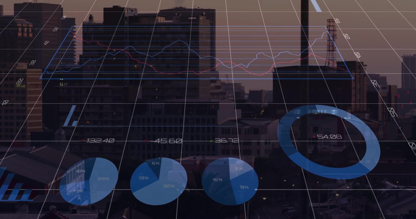 Vertical video: Appearing, grid driving data overlay over dusk city, animating charts for analytics