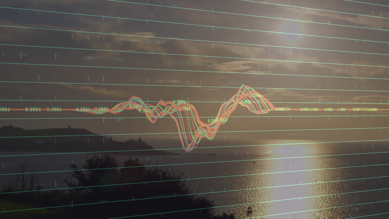 Multicolored data lines moving across coastal sunset grid, showing numeric trends in flat design