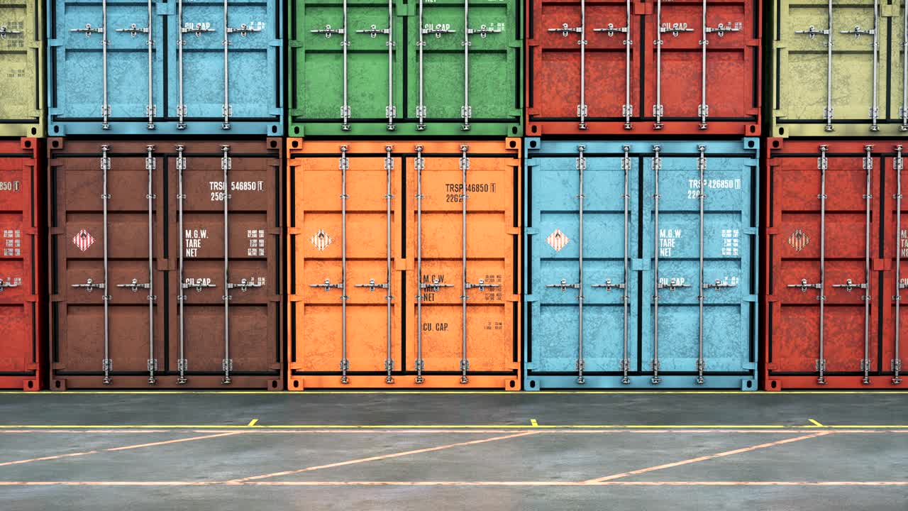 pilas de contenedores de carga que se mueven a lo largo de una línea de contenedores, bucle sin costuras