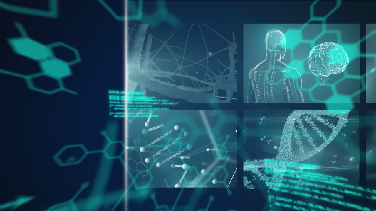 animación digital de múltiples pantallas con procesamiento de datos médicos contra un fondo azul