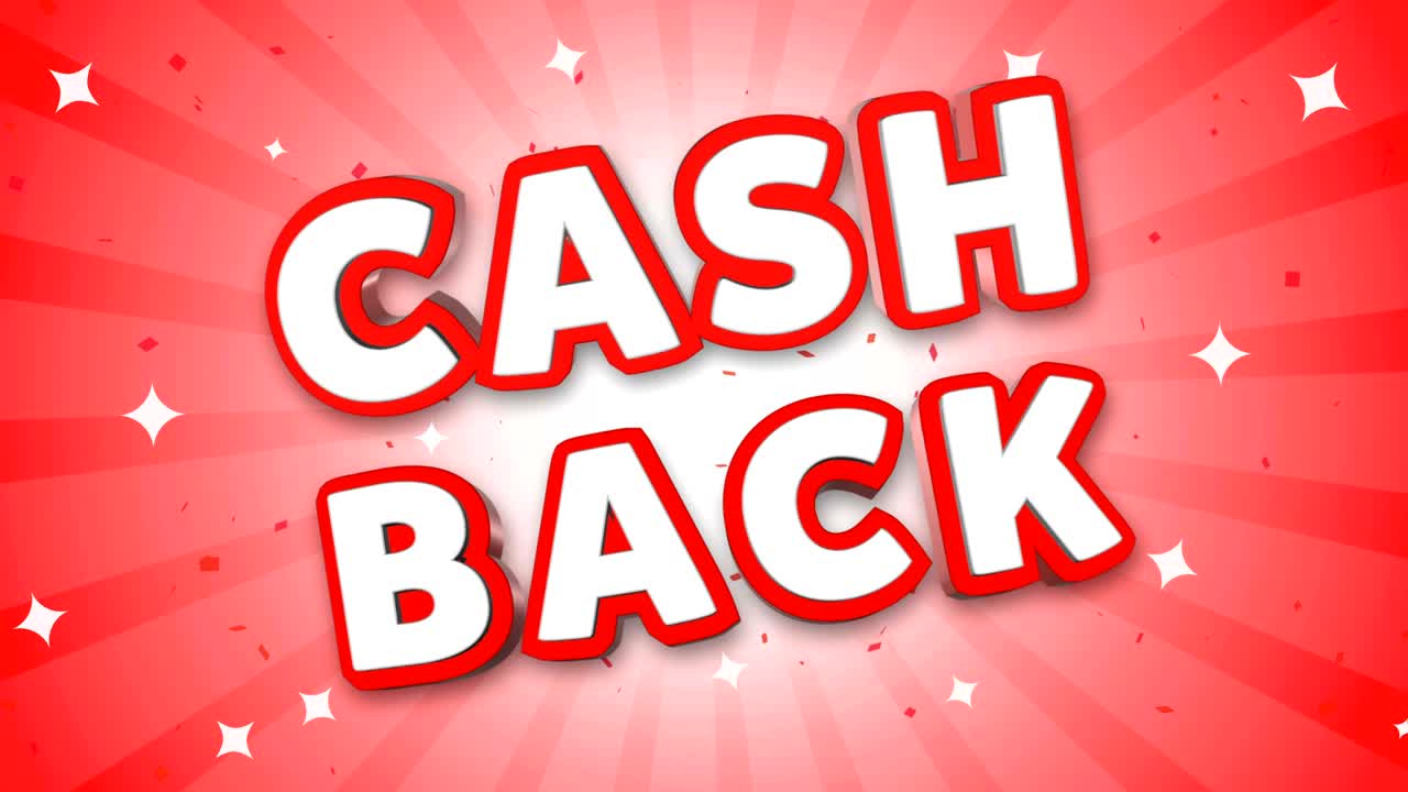Cash Back 3D Text on Falling Confetti Background.