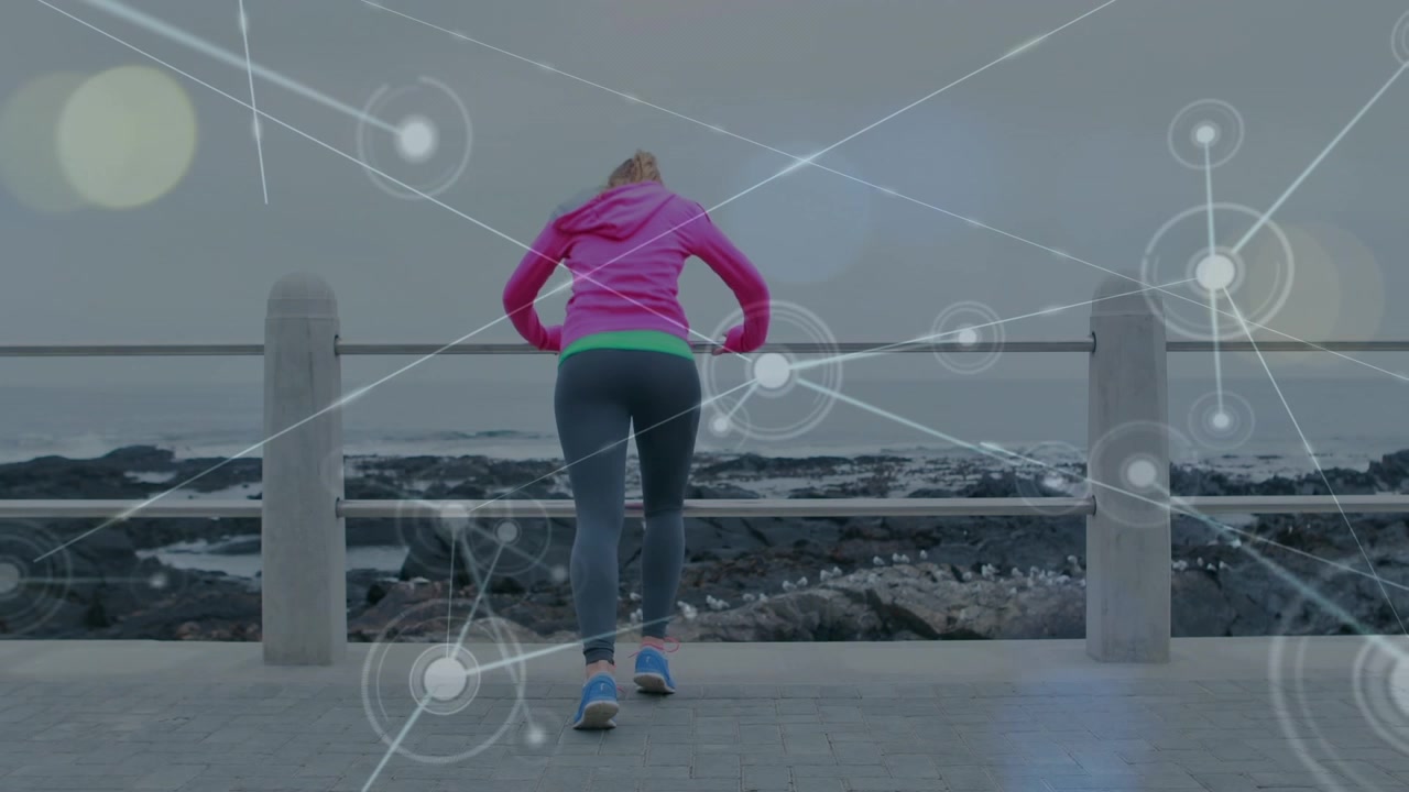 Animation of network of connections over woman exercising