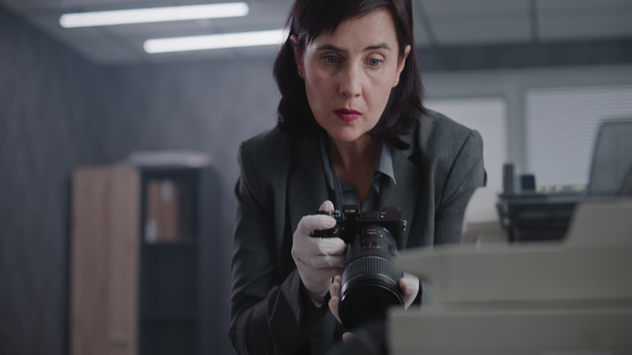 사무실에서 카메라로 증거를 조사하는 사업가