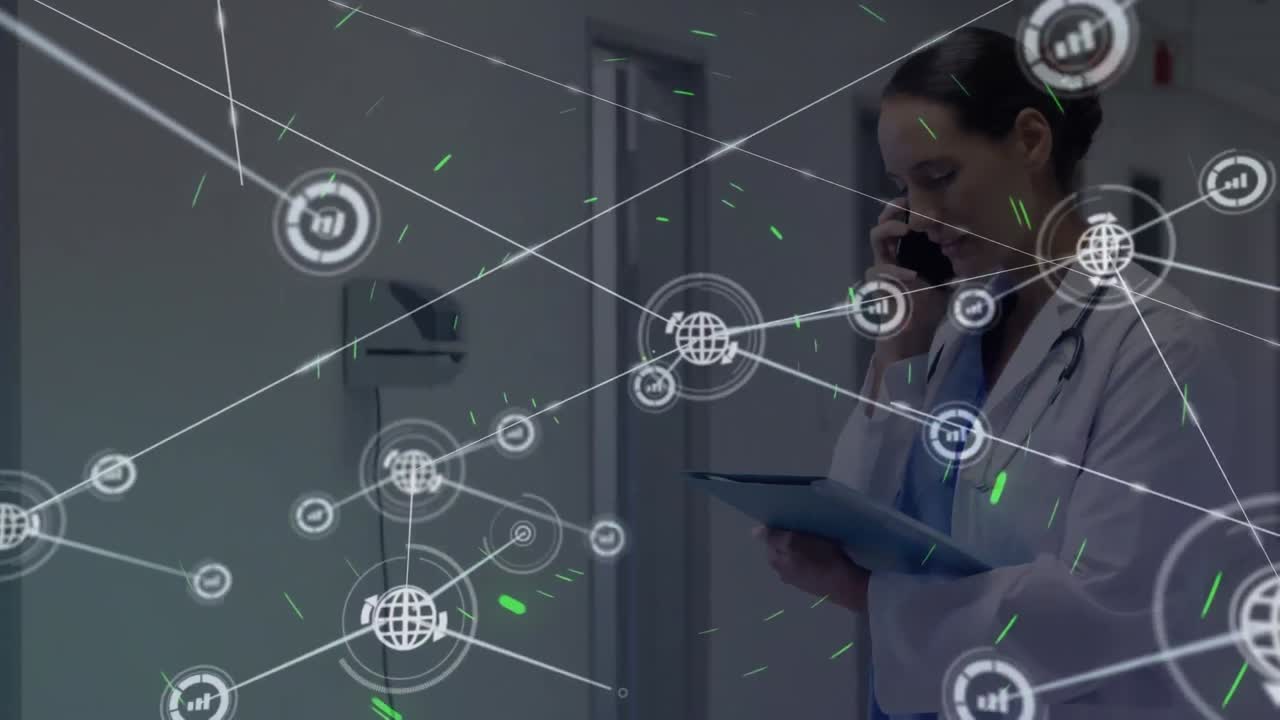 animación de una red de conexiones con iconos y formas sobre una doctora caucásica