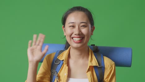 woman traveler greets on green screen