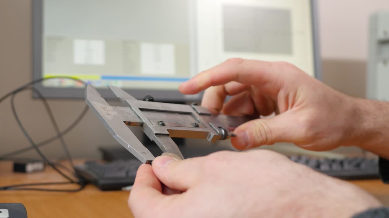 el uso de un calibre para medir una parte metálica