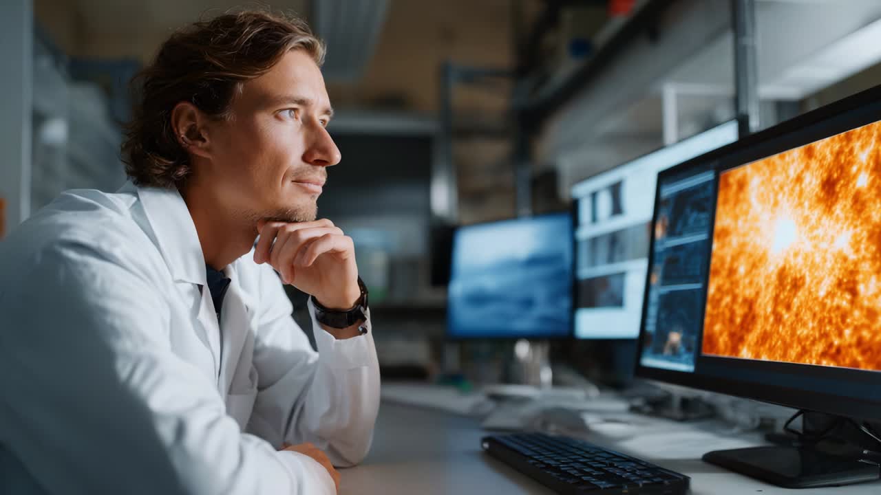 Contemplative Scientist Analyzing Solar Data on Multiple Monitors in a Modern Research Laboratory, Reflecting on New Discoveries in Solar Phenomena and Data Interpretation Techniques