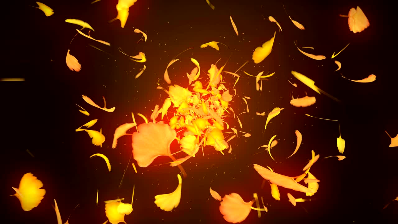 노란색 배경에 떨어지는 가을 잎, 진코 잎, 루프 글리터 애니메이션