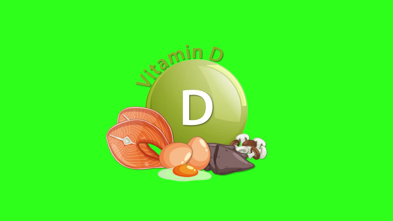 A Vitamin D tablet icon animates in, joined by illustrated food sources like mushrooms, eggs, and fish, on a vibrant green background