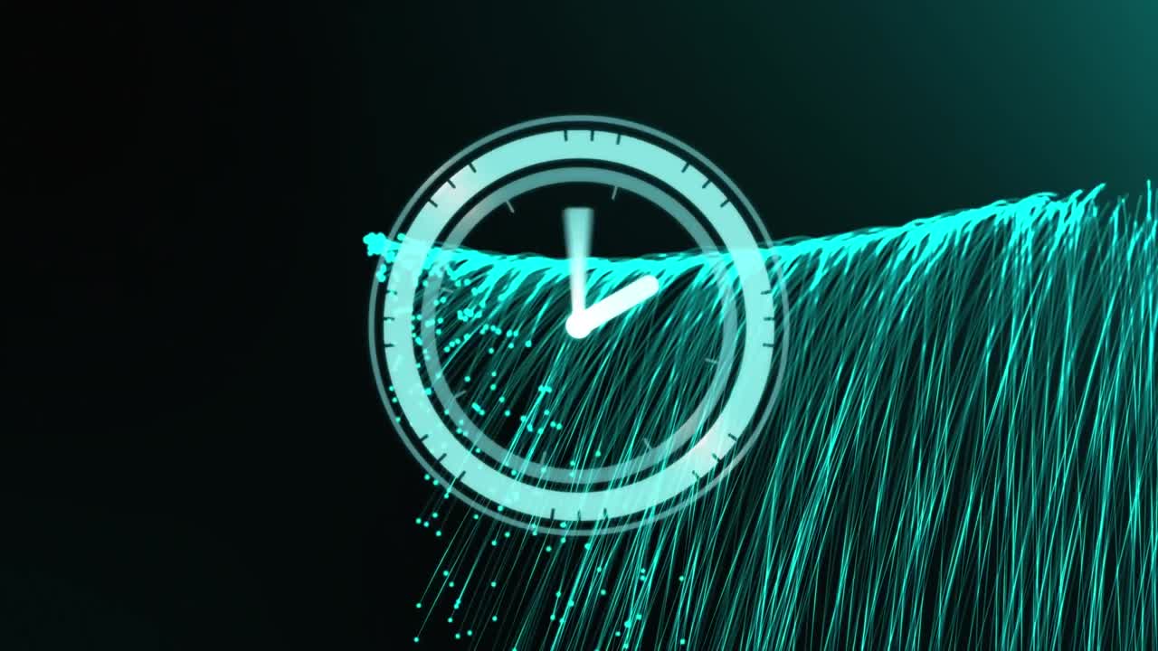 animación digital de reloj digital de neón haciendo tic-tac sobre rastros de luz que caen contra un fondo verde