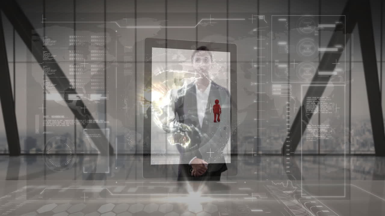 In office, businesswoman using animation for digital interface and data visualization