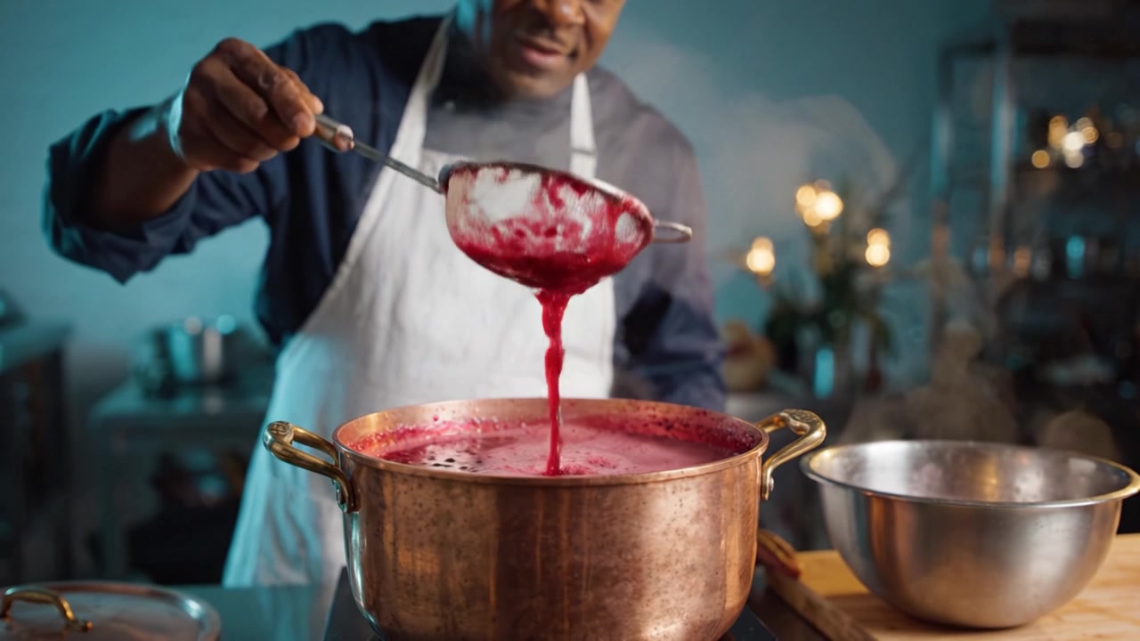 Chef Strains a Bubbly Red Mixture in a Copper Pot, Creating a Delicious Ingredient for a Culinary Dish in a Modern Kitchen Environment.
