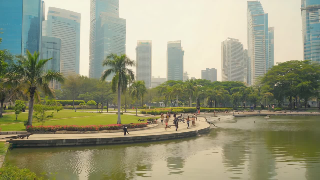 Lumpini Park i Bangkok med skyskrabere og dyreliv