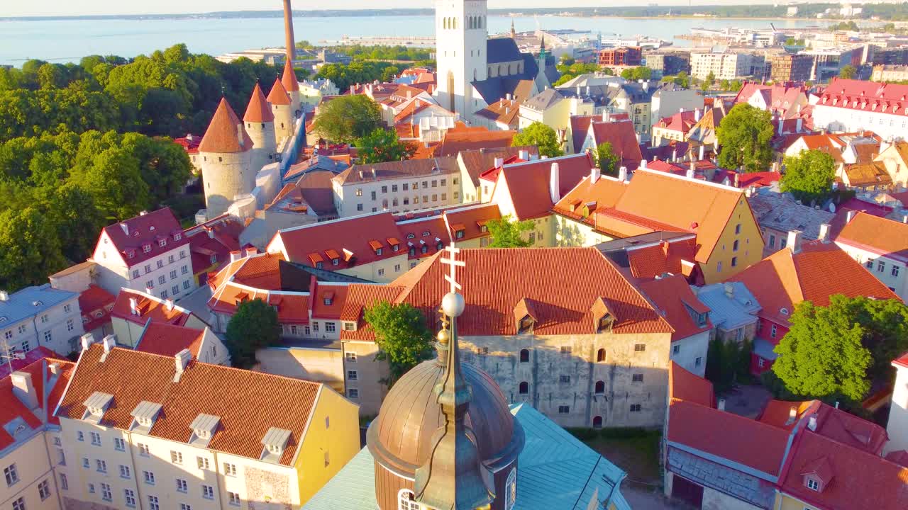 Drone view of Tallinn, Estonia town houses and churches