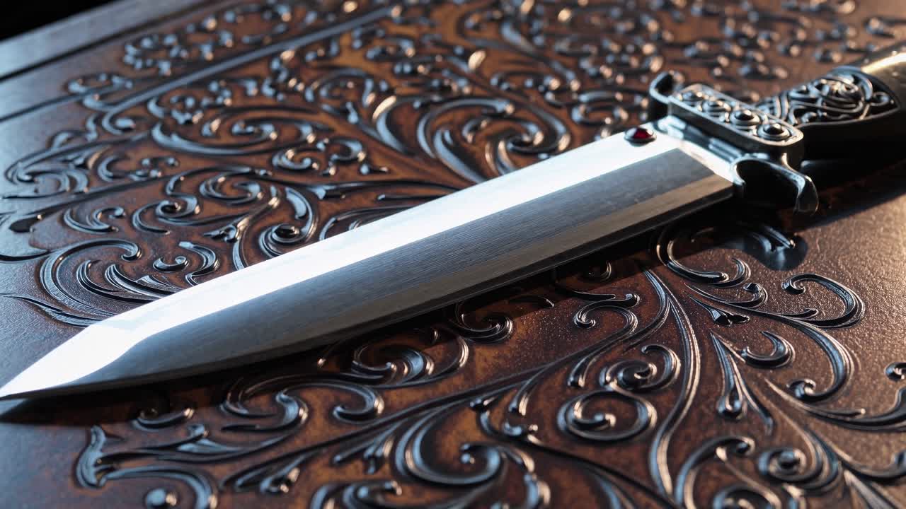 Nærbillede af en kniv på udsmykket træ, filmet fra en lav vinkel. Det indviklede design tilføjer et dramatisk udtryk.