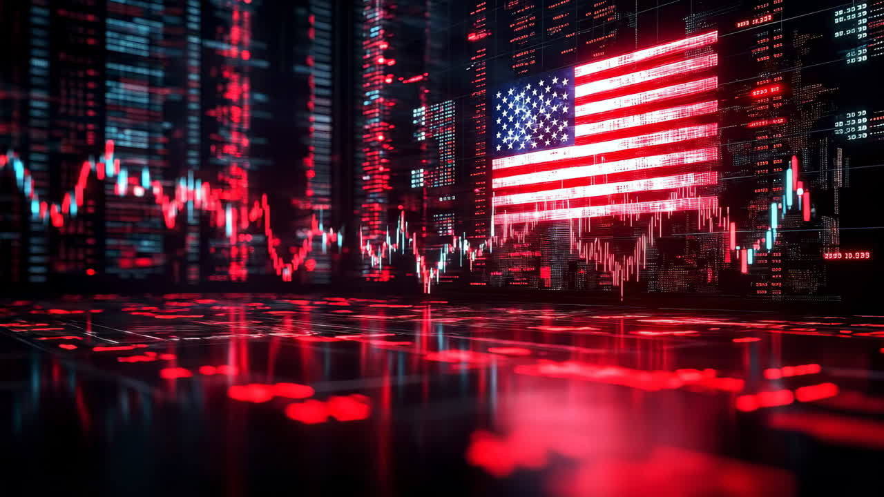 Markedsanalyse med USA-flag. Finansielle data vises på skærme med et stort amerikansk flag, der fremhæver markedstendenser og statistik.