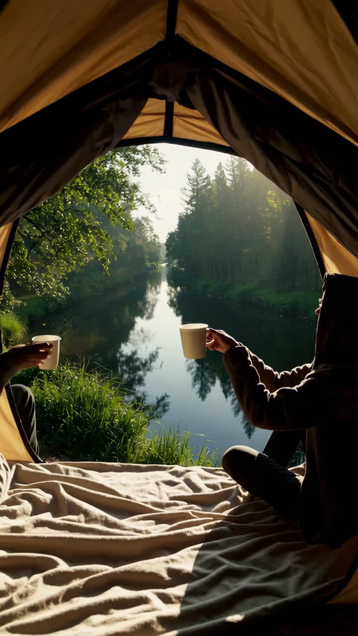 Morning coffee by a serene river from inside a tent
