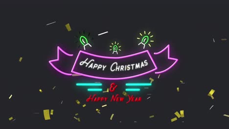 Animation-of-seasonal-greeting-text-in-neon-sign-with-gold-confetti-falling,-on-black
