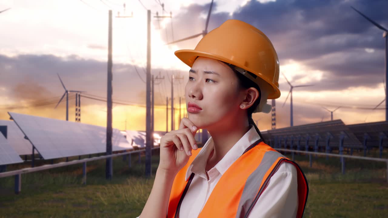 Close Up Side View Of Asian Female Engineer With Safety Helmet Thinking And Looking Around Then Raising Her Index Finger With Solar Panel and Wind Turbines