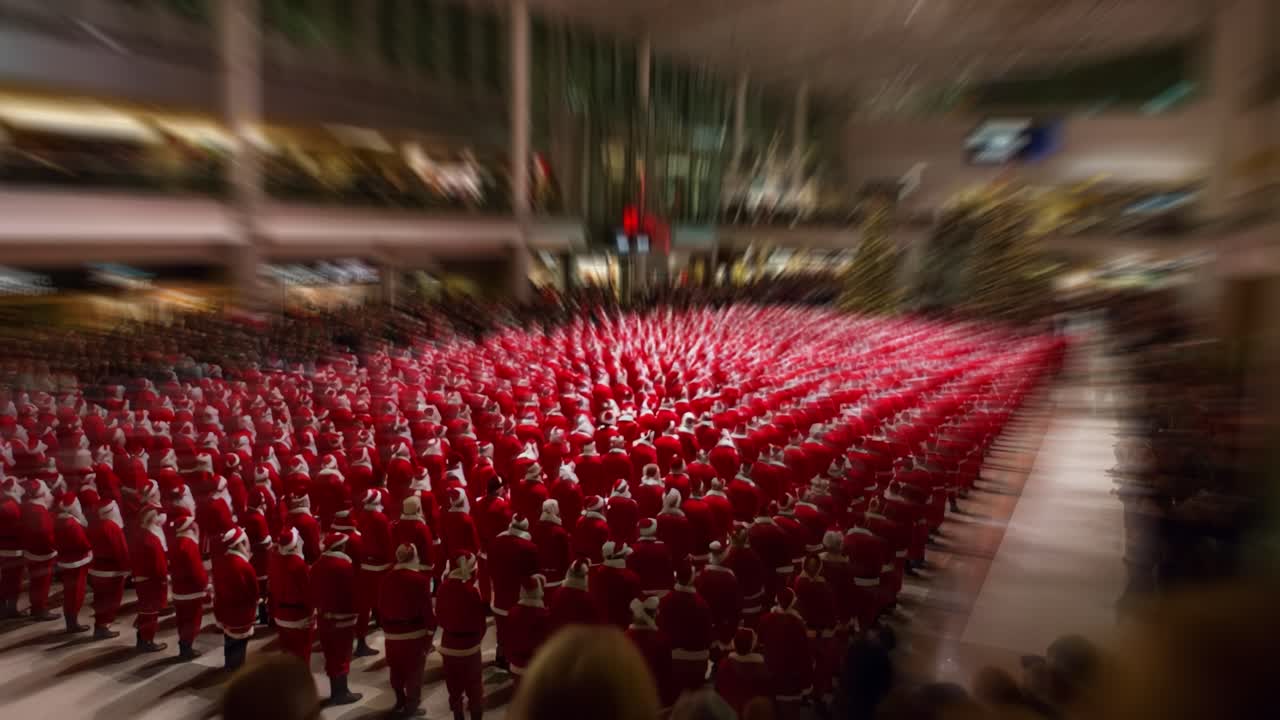 A Remarkable Gathering of Santa Clauses Filling the Space with Festive Spirit, Creating a Beautiful Scene of Red and White in Unison, Capturing the Joy of the Holiday Season with Cheer and Unity