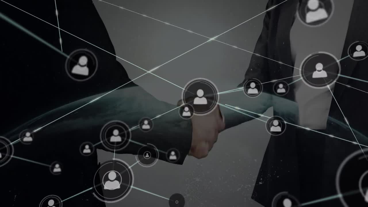 Animation of network of connections with icons over people shaking hands