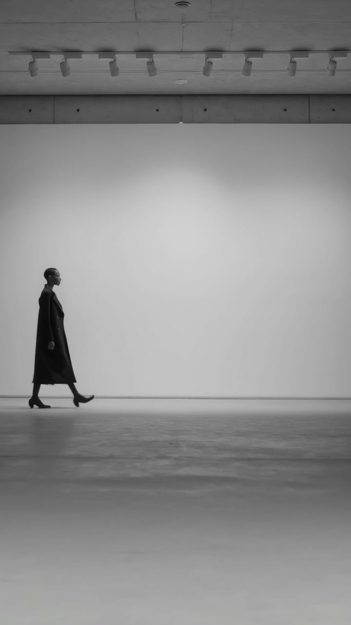Video verticale: Modella che cammina da sinistra in galleria, cappotto e stivali con tacco sotto le luci, spazio per il testo
