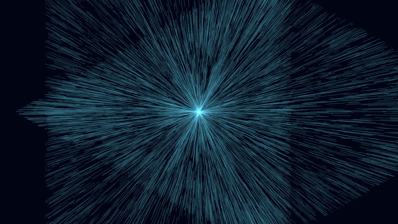 Abstract blue starburst light rays expanding from center, futuristic warp speed