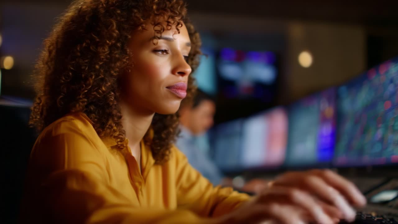 Focused Professional Analyzing Financial Data on Multiple Screens in a Modern Control Room Environment with High-Tech Equipment and Monitors