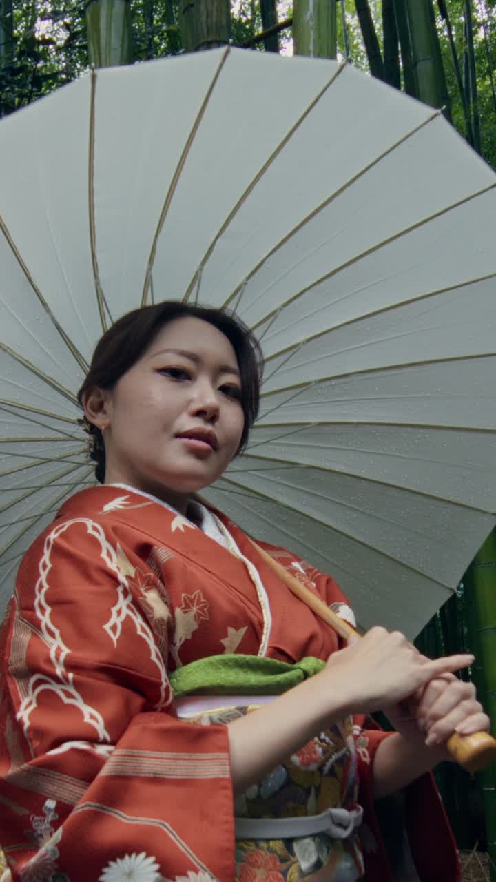 Woman in Kimono with Umbrella in Bamboo Forest