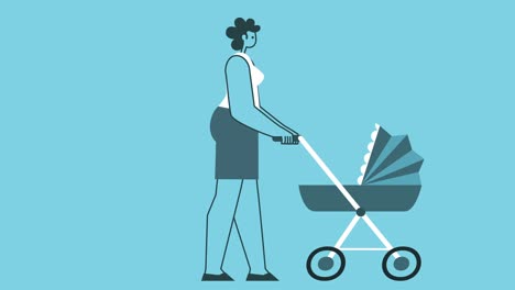 graphic design woman character walking cycle with baby carriage isolated loop 2d animation. luma matte.