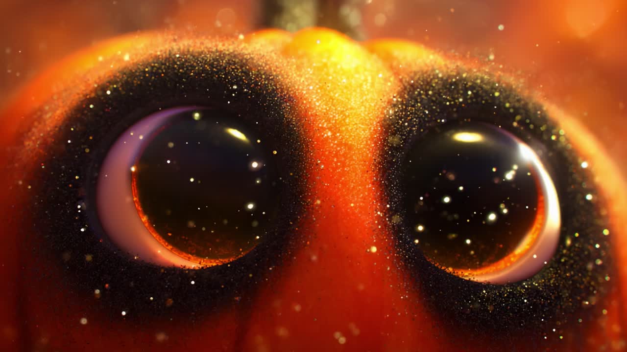 Une citrouille animée charmante avec des yeux expressifs et des détails étincelants, capturée en deux images, soulignant l’atmosphère magique de l’automne et des célébrations d’Halloween